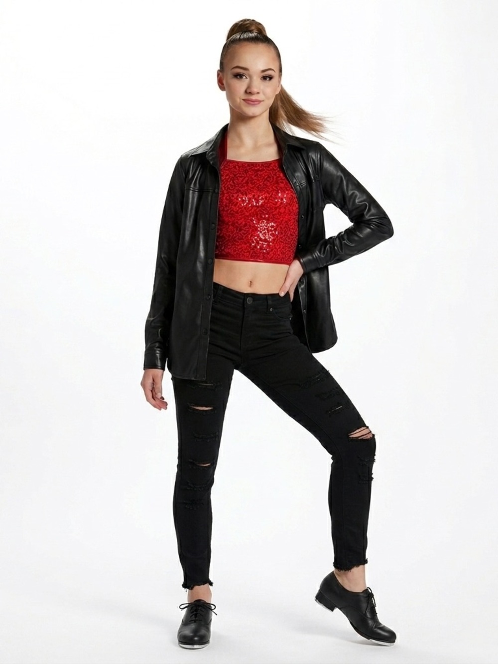 Balera 3Pc Hip Hop Dance Costume Faux Leather Jacket Sequin Top Jeans MC